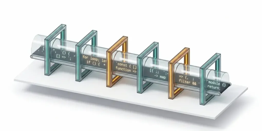 Conceptual 3D render of code on a conveyor passing through six glass gate frames etched with code snippets, representing skill gates