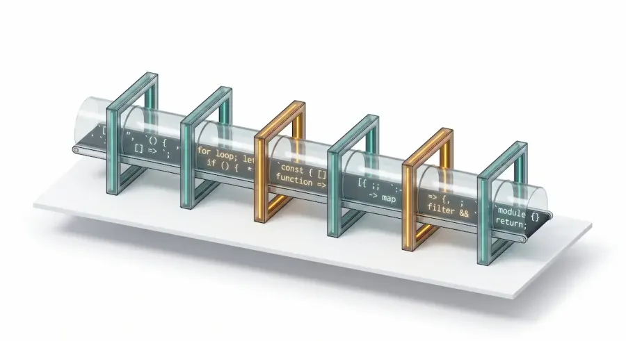 Conceptual 3D render of code on a conveyor passing through six glass gate frames etched with code snippets, representing skill gates