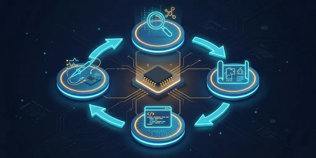 Isometric illustration of a four-stage development loop — Research, Plan, Execute and Test — circling a glowing microchip and linked by arrows