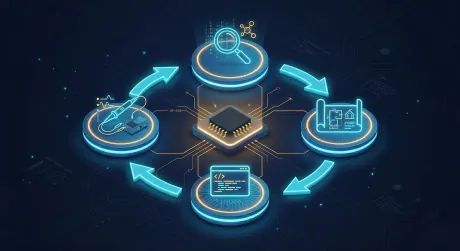 Isometric illustration of a four-stage development loop — Research, Plan, Execute and Test — circling a glowing microchip and linked by arrows