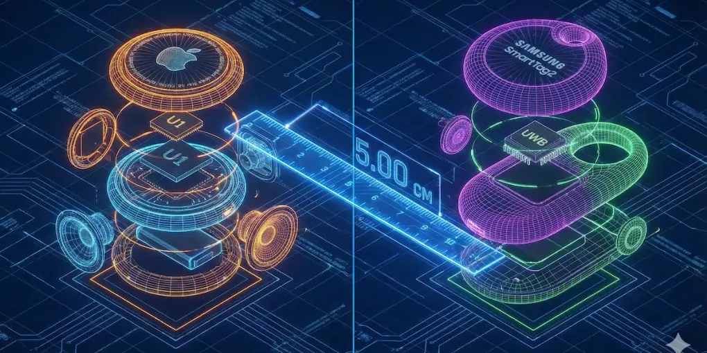 Neon wireframe render comparing two exploded smart trackers with a glowing 5 cm distance scale between them, illustrating UWB ranging precision