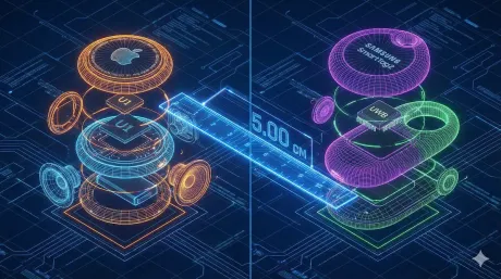 Neon wireframe render comparing two exploded smart trackers with a glowing 5 cm distance scale between them, illustrating UWB ranging precision