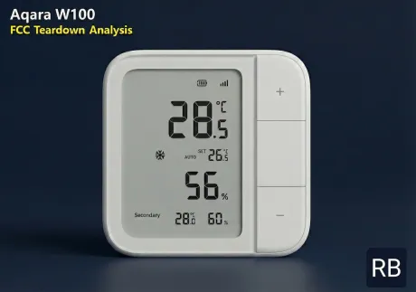 Product render of the Aqara Climate Sensor W100, its e-ink display reading 20.5°C and 56% humidity beside three side buttons