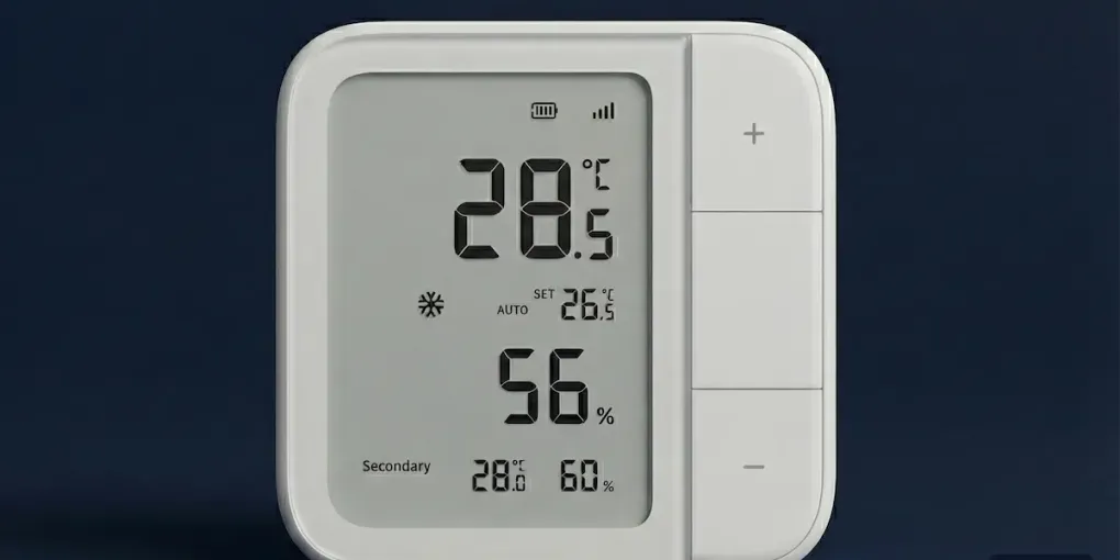 Product render of the Aqara Climate Sensor W100, its e-ink display reading 20.5°C and 56% humidity beside three side buttons