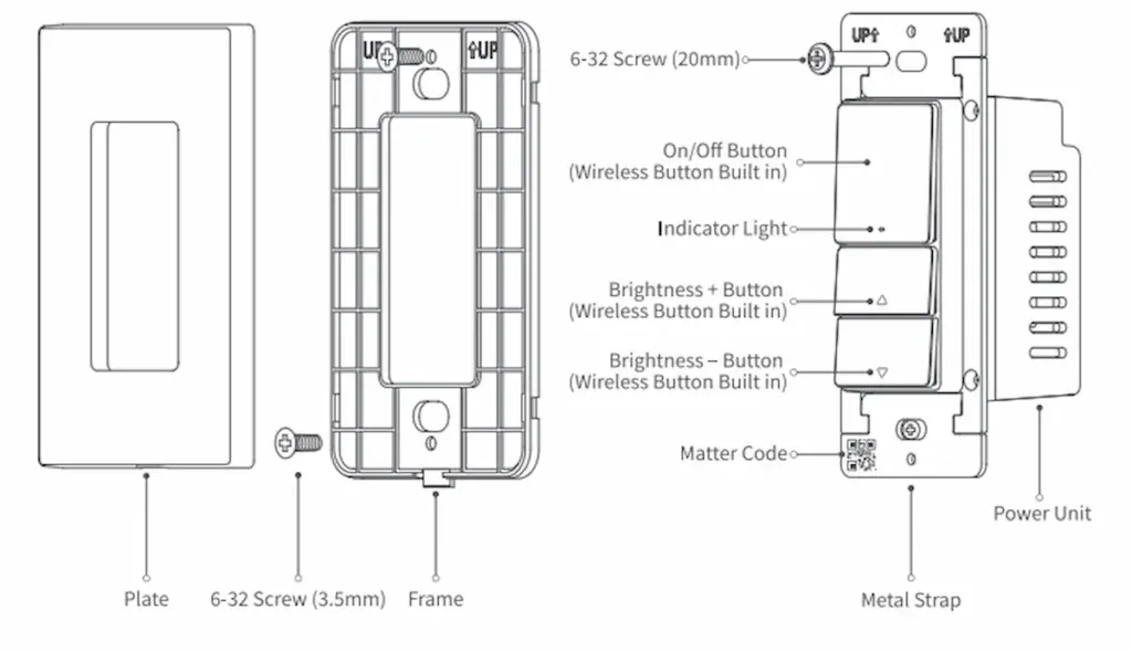 Aqara Dimmer Switch H2 assembly diagram from FCC user manual showing Matter code and metal heatsink.