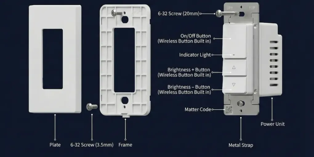 Exploded view of the Aqara Dimmer Switch H2 showing its wall plate, mounting frame, screws and switch body with labeled buttons, Matter QR code and power unit