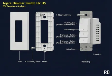 Exploded view of the Aqara Dimmer Switch H2 showing its wall plate, mounting frame, screws and switch body with labeled buttons, Matter QR code and power unit