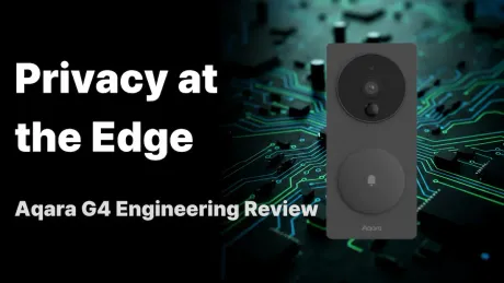 The black Aqara G4 video doorbell, with camera and call button, set against a glowing circuit-trace background