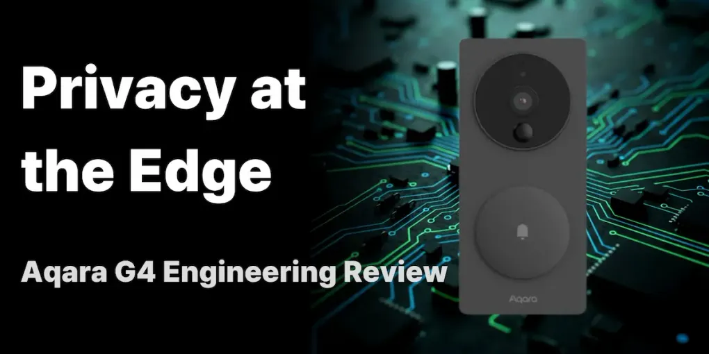 The black Aqara G4 video doorbell, with camera and call button, set against a glowing circuit-trace background