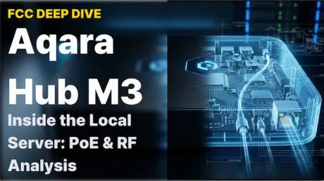 Blue X-ray-style render of the Aqara Hub M3 internals, showing the PCB, RJ45 PoE port and cabling