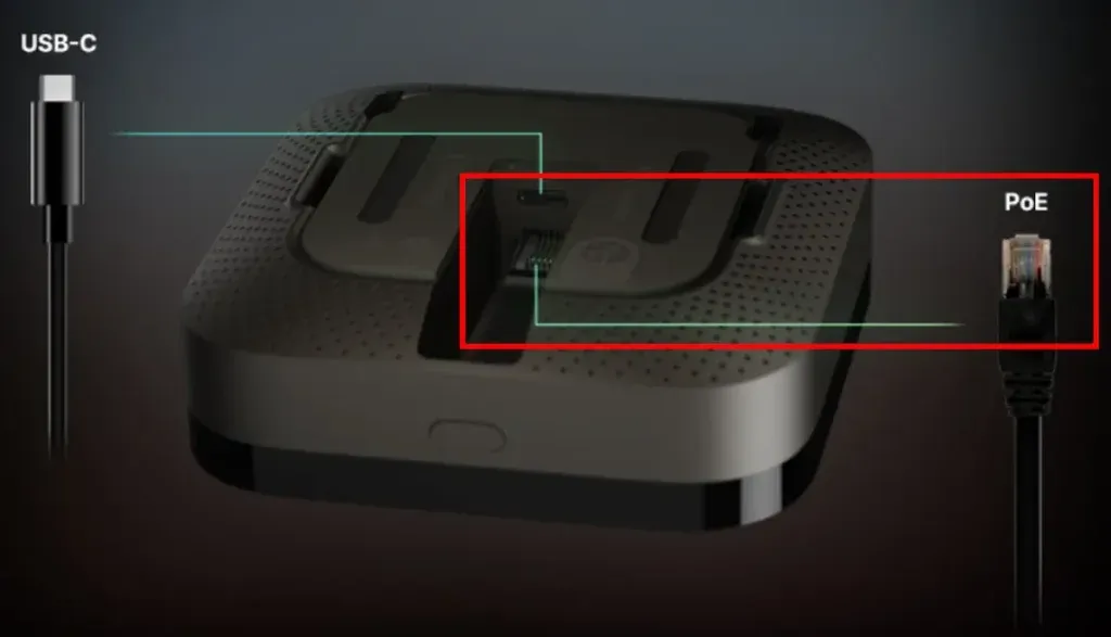 Rear view of Aqara Hub M3 showing the RJ45 Ethernet port with Power over Ethernet (PoE) support and USB-C power input.