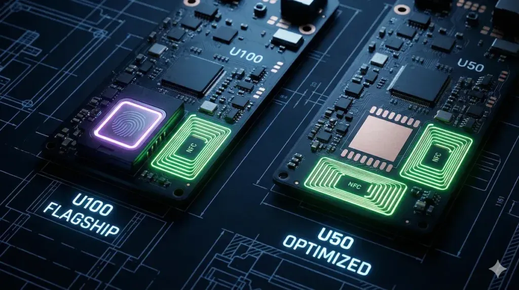 PCB schematic comparison showing the BOM differences between Aqara U100 and U50, highlighting the fingerprint module and NFC coil.