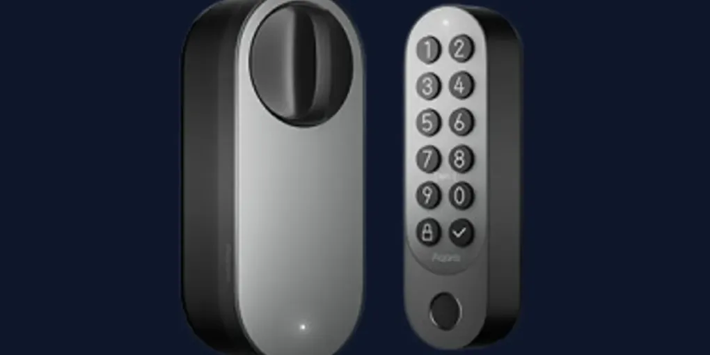 Product render of the Aqara U200 smart lock body and its separate numeric keypad