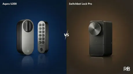 Side-by-side comparison of the Aqara U200 smart lock with keypad and the SwitchBot Lock Pro retrofit lock