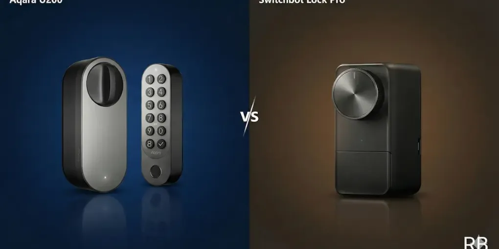 Side-by-side comparison of the Aqara U200 smart lock with keypad and the SwitchBot Lock Pro retrofit lock