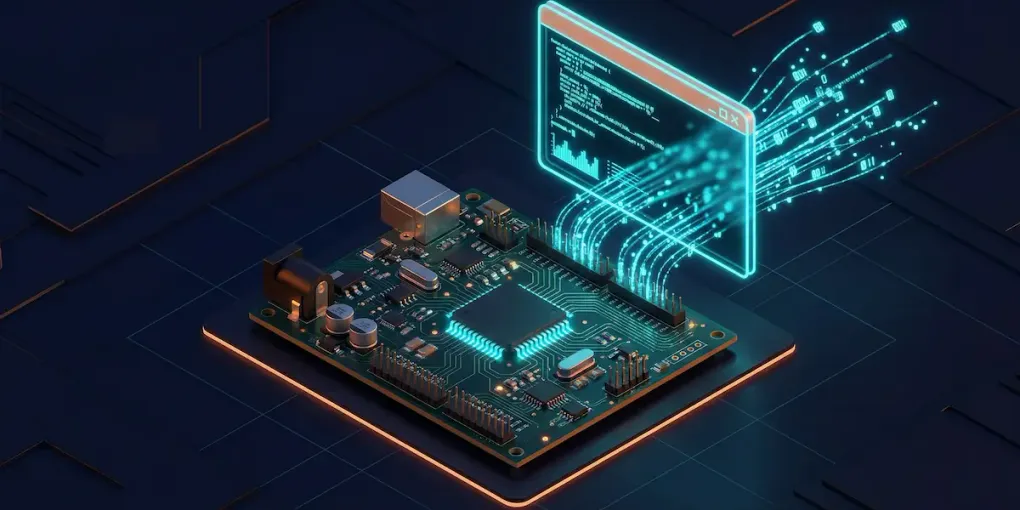 Isometric render of a glowing firmware dev board receiving streams of data from a holographic code terminal