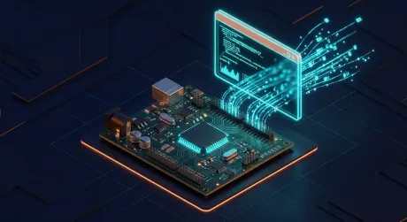 Isometric render of a glowing firmware dev board receiving streams of data from a holographic code terminal