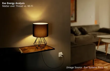 A table lamp powered through a white Eve Energy smart plug in a living-room wall outlet (Eve Systems press photo)