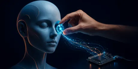 Firmware AI setup concept — a person attaching prosthetics (build procedure, logs, verification hooks) to an AI that can't see the hardware because it cross-compiles