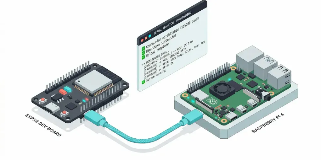 Isometric render of an ESP32 dev board linked by USB-C to a Raspberry Pi 4, with a floating serial-monitor window showing successful test log output