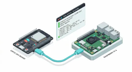 Isometric render of an ESP32 dev board linked by USB-C to a Raspberry Pi 4, with a floating serial-monitor window showing successful test log output