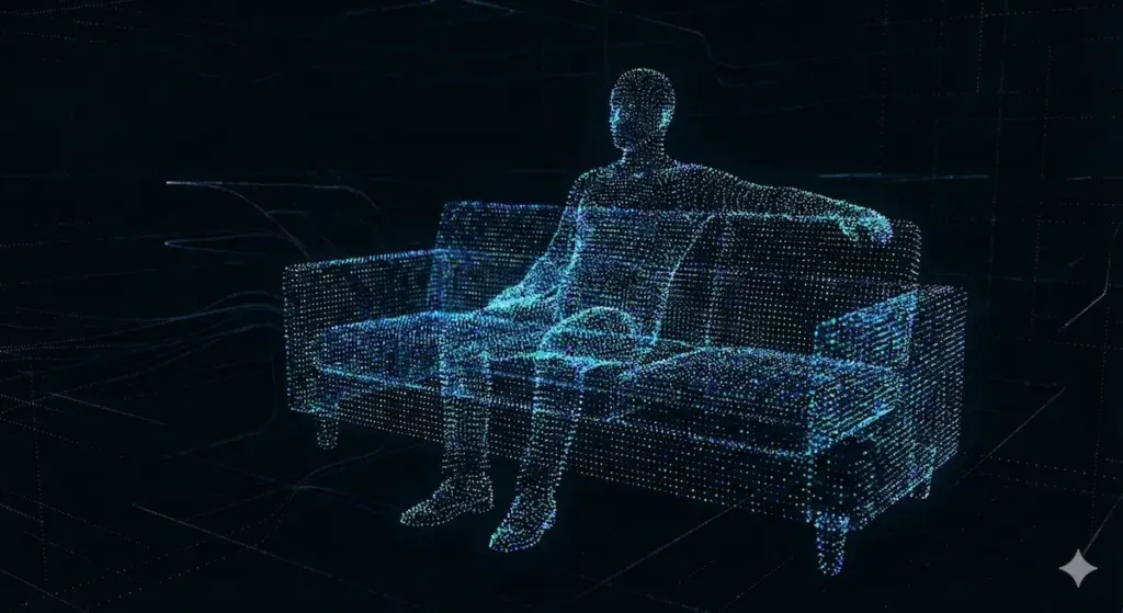 3D point cloud data visualization of a human figure generated by mmWave radar, demonstrating high data bandwidth requirements compared to PIR.