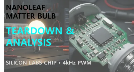A lit Nanoleaf Matter bulb on an electronics bench beside its green driver board carrying a large Silicon Labs chip