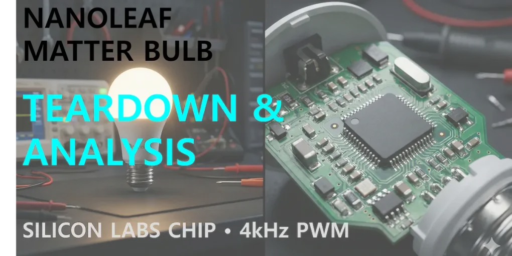 A lit Nanoleaf Matter bulb on an electronics bench beside its green driver board carrying a large Silicon Labs chip
