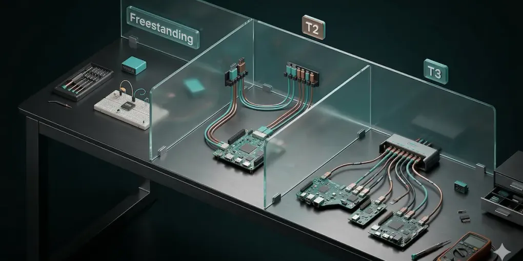 3D render of a workbench split into three zones labeled Freestanding, T2 and T3, each with progressively more dev boards and cabling, illustrating Zephyr project topologies