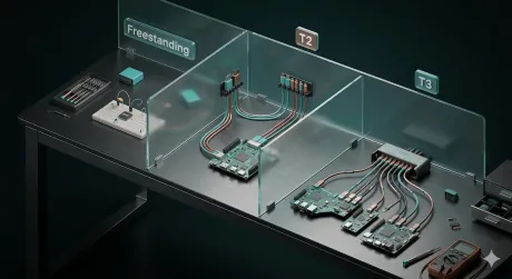 3D render of a workbench split into three zones labeled Freestanding, T2 and T3, each with progressively more dev boards and cabling, illustrating Zephyr project topologies