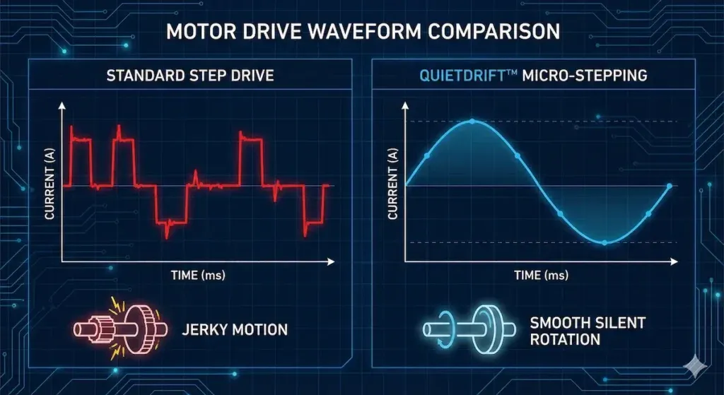 iagram comparing jagged square wave current of traditional stepper motors versus smooth sine wave current of SwitchBot QuietDrift micro-stepping.