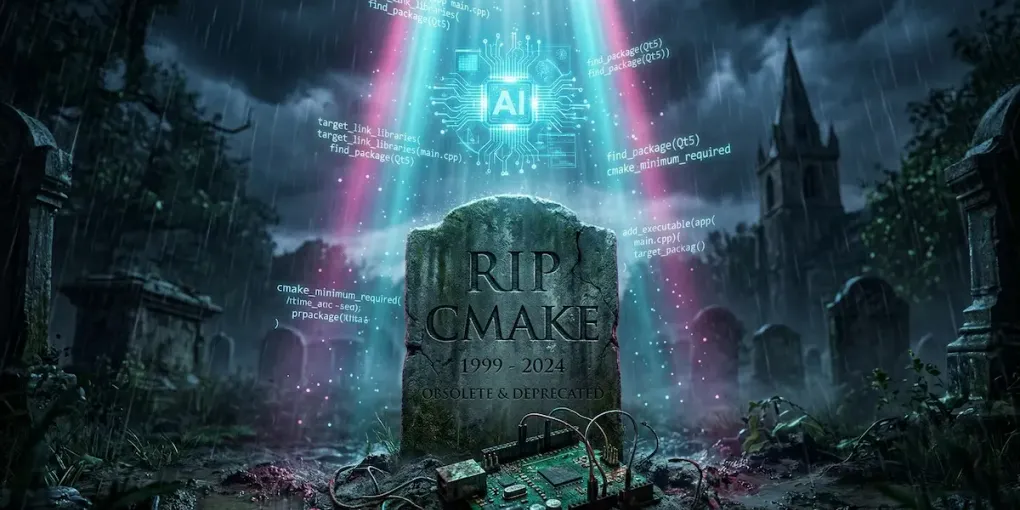 Humorous rainy graveyard scene with a tombstone reading RIP CMAKE 1999 to 2024, an AI chip beaming light down and CMake code snippets floating