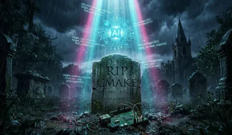Humorous rainy graveyard scene with a tombstone reading RIP CMAKE 1999 to 2024, an AI chip beaming light down and CMake code snippets floating
