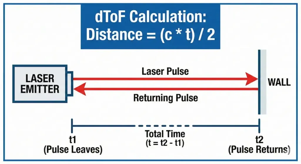 Diagram showing dToF principle: Laser pulse emission (t1) and return (t2) to calculate distance using the speed of light formula.