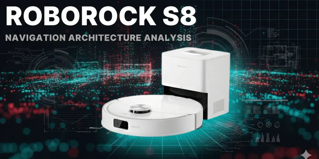 The white Roborock S8 robot vacuum and its auto-empty dock over a red and teal digital grid background