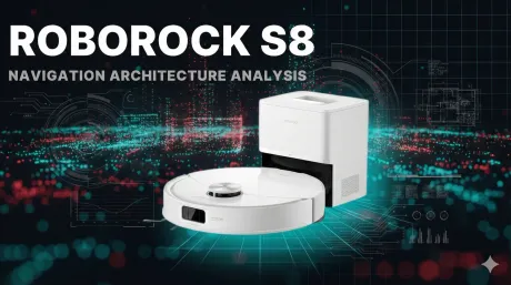 The white Roborock S8 robot vacuum and its auto-empty dock over a red and teal digital grid background