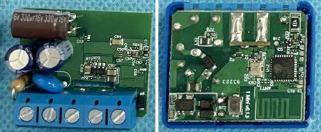 Two-panel photo of the Shelly 1 Mini Gen3 internal PCB — top side with capacitors and a blue screw terminal block, bottom side with the relay, Wi-Fi module and PCB antenna