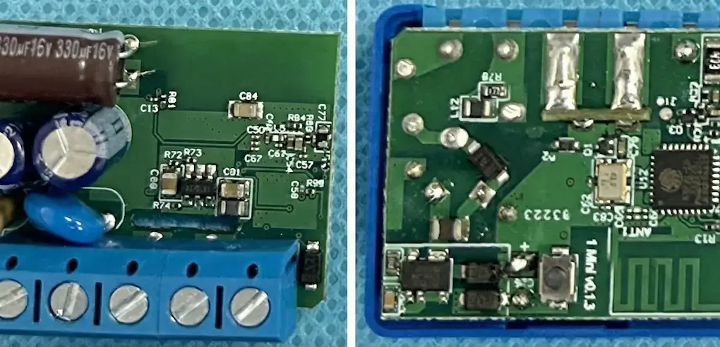 Two-panel photo of the Shelly 1 Mini Gen3 internal PCB — top side with capacitors and a blue screw terminal block, bottom side with the relay, Wi-Fi module and PCB antenna