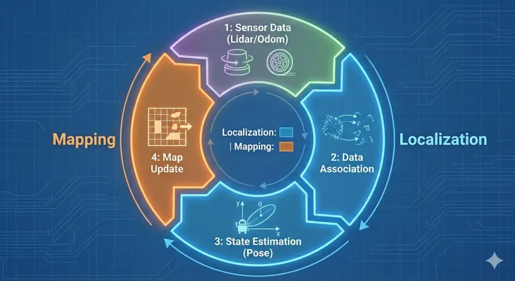 Circular flow chart of SLAM algorithm illustrating the cycle of Sensor Data, Data Association, State Estimation (Pose), and Map Update.