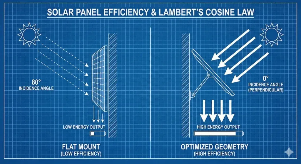 Diagram showing how tilting the SwitchBot Solar Panel 3 improves efficiency by optimizing the sunlight incidence angle according to Lambert's Cosine Law.