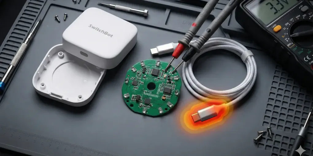Teardown photo of the SwitchBot Hub 2 — its opened white case and round green PCB probed by multimeter leads reading 3.3 V, beside a USB-C cable on a workbench mat