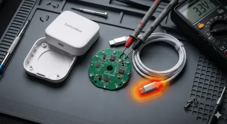 Teardown photo of the SwitchBot Hub 2 — its opened white case and round green PCB probed by multimeter leads reading 3.3 V, beside a USB-C cable on a workbench mat
