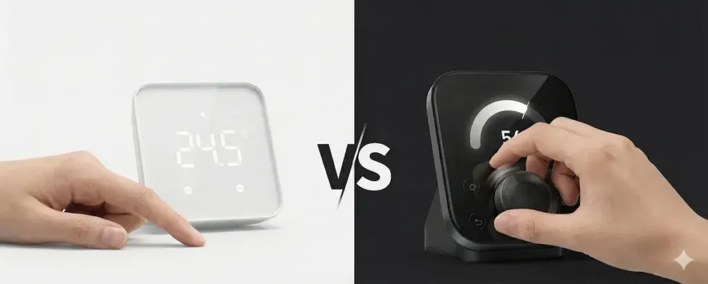 Side-by-side close-up comparison of SwitchBot Hub interfaces. Left: The static LED display of SwitchBot Hub 2 showing temperature and humidity. Right: A user's hand rotating the 'Dial Master' knob on the SwitchBot Hub 3 to adjust smart light brightness, demonstrating the new tactile control feature.