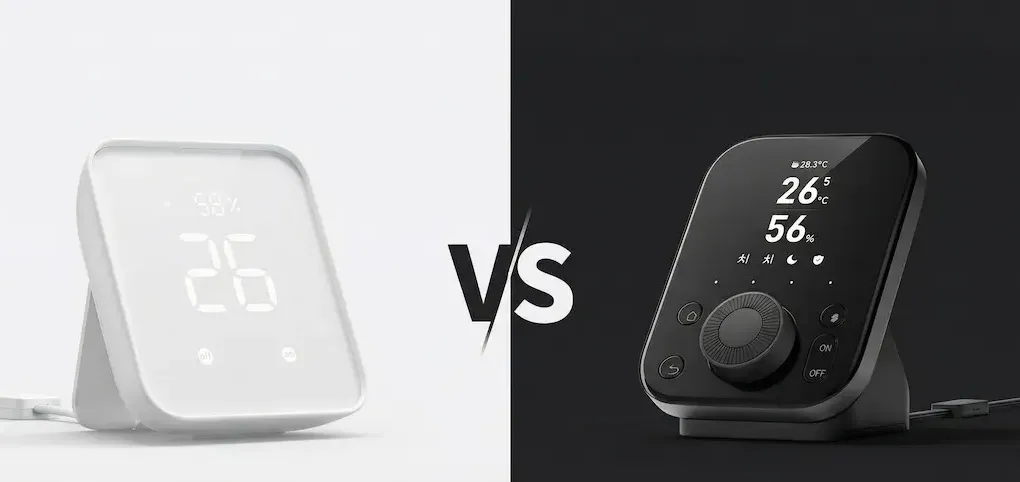 Side-by-side comparison of the white SwitchBot Hub 2 and the black SwitchBot Hub 3, each showing temperature and humidity on its display