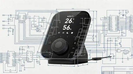 The black SwitchBot Hub 3 with its rotary dial and display, composited over a circuit schematic diagram