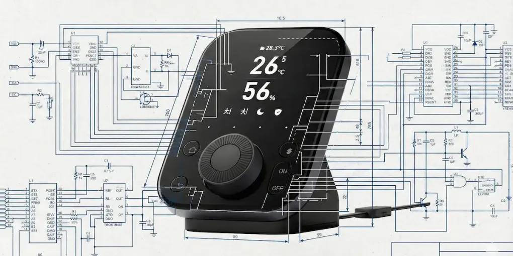 The black SwitchBot Hub 3 with its rotary dial and display, composited over a circuit schematic diagram