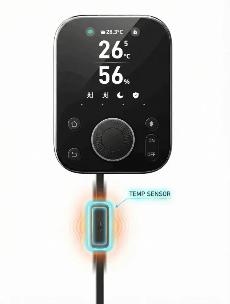 SwitchBot temperature and humidity sensor embedded in the USB cable for thermal accuracy.