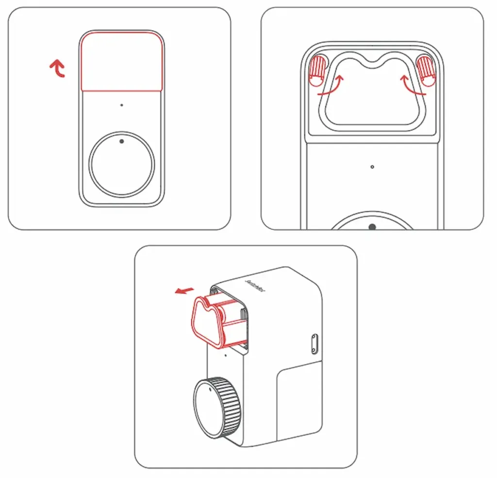 Open battery compartment of SwitchBot Lock Pro showing 4 AA alkaline batteries arranged vertically, emphasizing standard 6V power source.