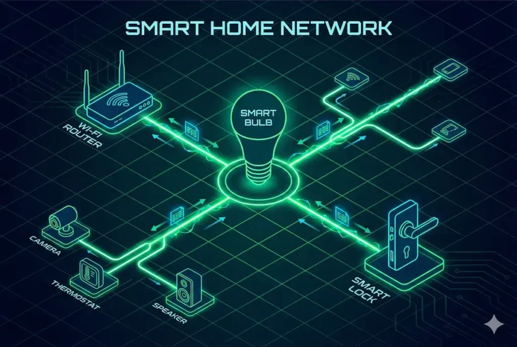 Diagram illustrating how a mains-powered Nanoleaf bulb acts as a Thread Router to extend signal to a smart lock.