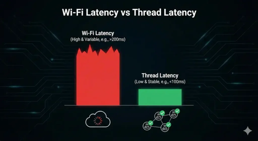 Bar chart comparing smart plug latency: Wi-Fi shows high, variable response times due to cloud dependency (Red), while Thread shows low, stable latency via local mesh networking (Green).